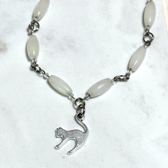 Genuine Milky Quartz Short Necklace, Natural Gemstone w/ Cute Slim Cat Pendant - Picture 5 of 15
